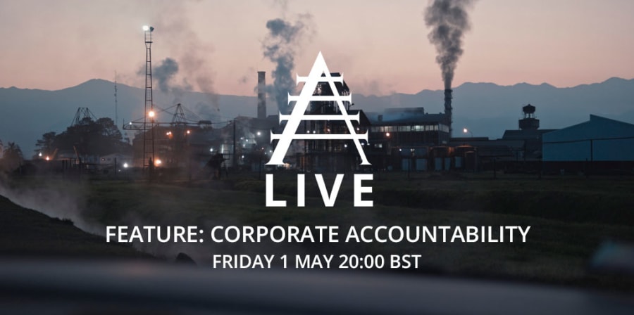 A still from the film, Corporate Accountability, which shows a city skyline.