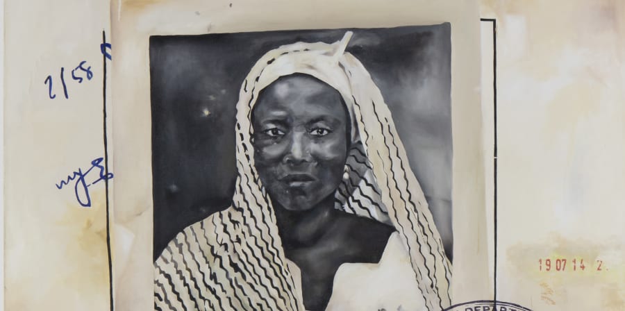 Annie-Marie Akpene Akussah, 'Women on the Move'. Oil paint, silkscreen print, transfer and Kente cloth on canvas (2018)