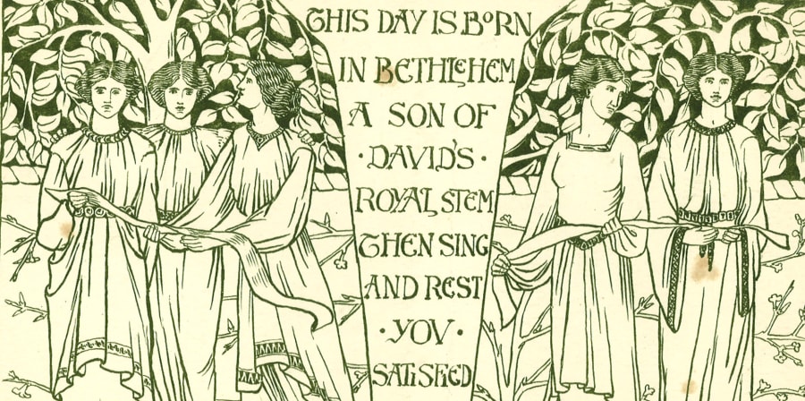 Pre-Raphaelite style illustration of female figures and Christmas message