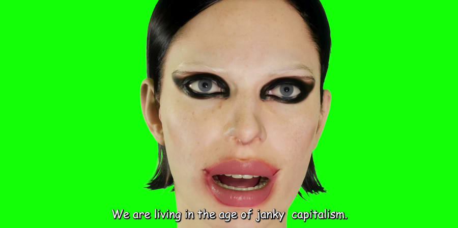 Queer AI with heavy make-up on bright green background.
