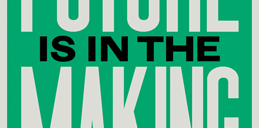 Green poster with large typeface of the exhibition title in white and black 