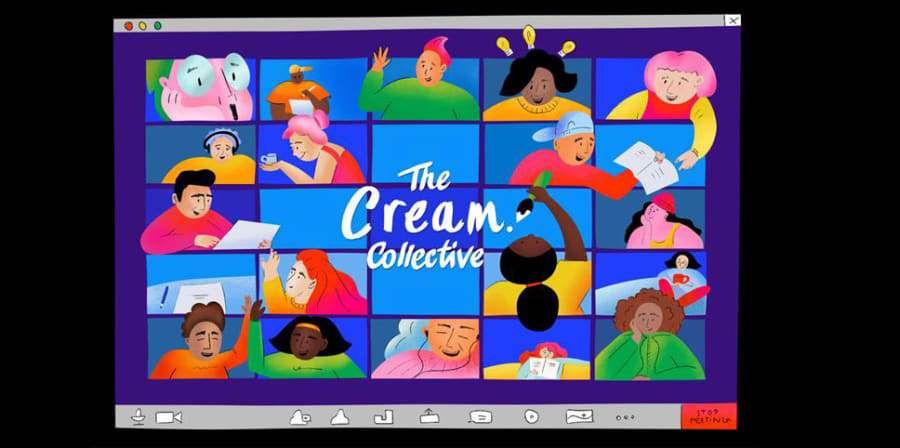A brightly-coloured illustration of creatives collaborating through video-based software.