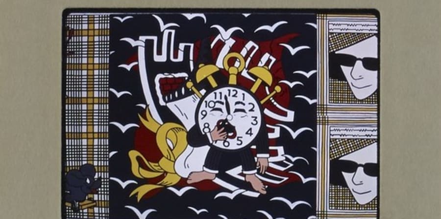 35mm colour slide of painting in cartoonish surreal style with an anthropomorphized clock yawning wearing a pin stripe suit. The slide is annotated, ‘Walton. S’, ‘DIP 69’.