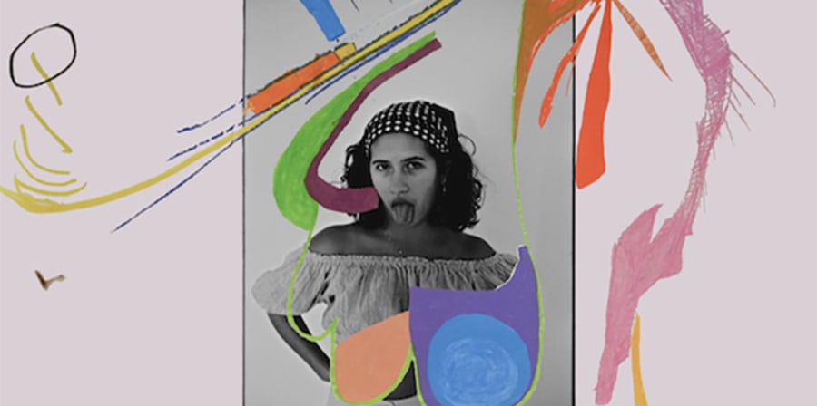 Black and white photograph of a woman with colourful paintbrush strokes and doodles illustrated over the top of the photo.