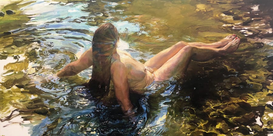 An oil painting of a naked woman sitting in water in the sunshine