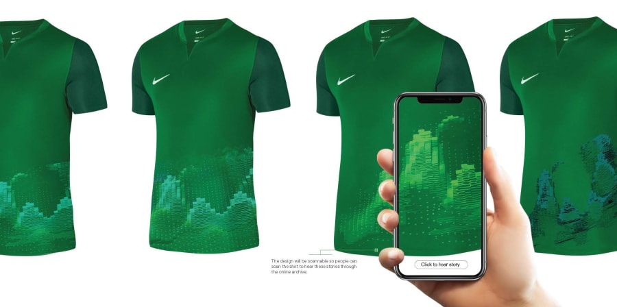 Designs for a green football shirt with an abstract pattern and a hand holding a phone in front of them.