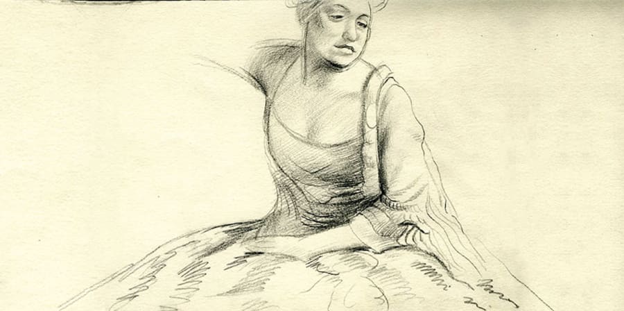 a charcoal sketch of a woman in a dress