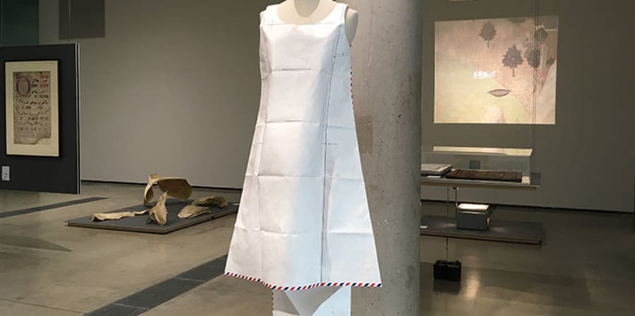 Paper dress by Hussein Chalayan on display in the Lethaby Gallery 