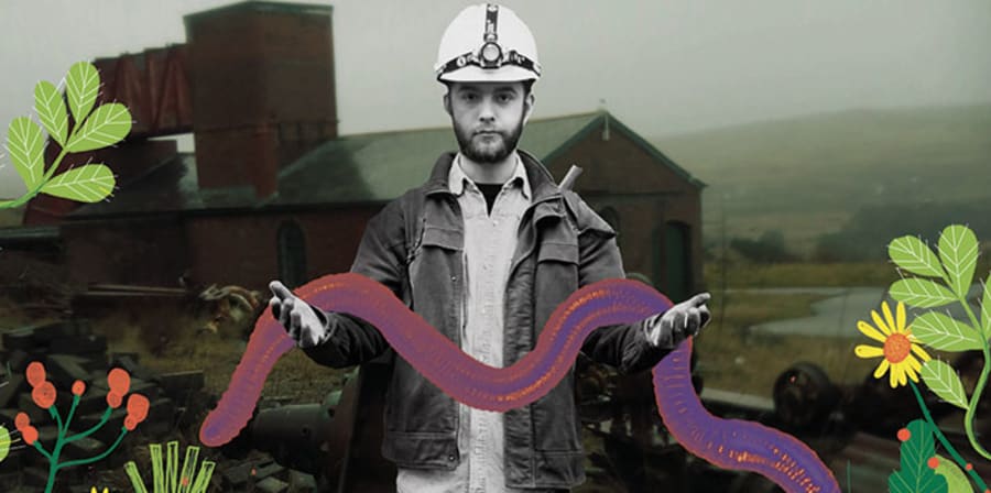 Photograph of a man wearing a hardhat holding an illustrated worm and surrounded by illustrations of flowers and leaves.