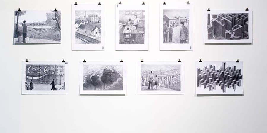 A series of black and white illustrations on display in the Lethaby Gallery