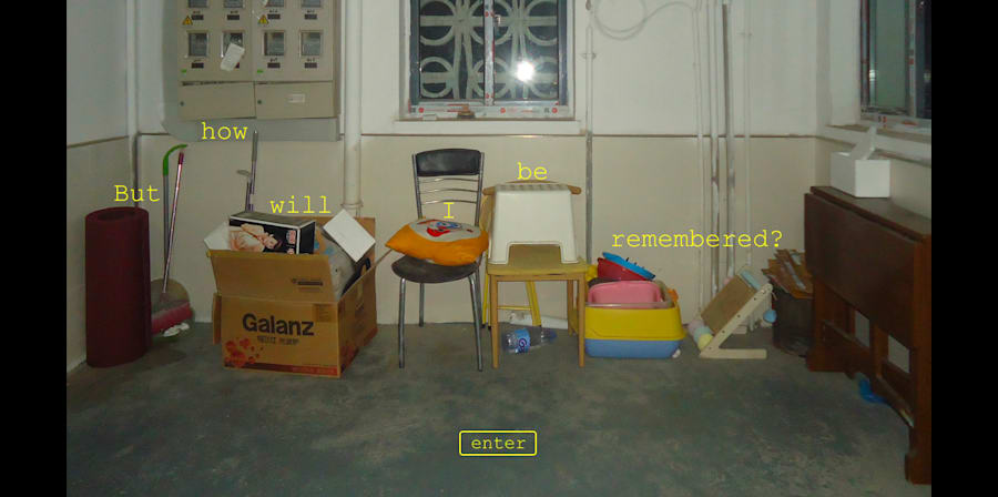 Dim industrial room with electrical panels, chairs, boxes, and a piano; yellow text asks, “But how will he be remembered?”