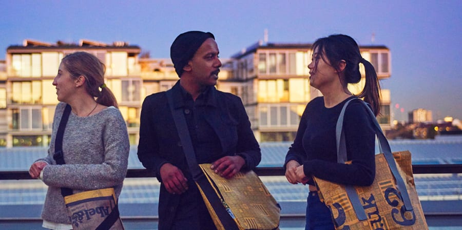 Models wearing bags from the Makeright project - a collaboration between the Design Against Crime Research Centre and HMP Thameside