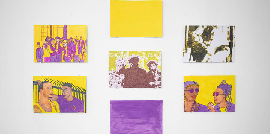 A series of seven images painted by Marie-Solange are fixed to the wall.