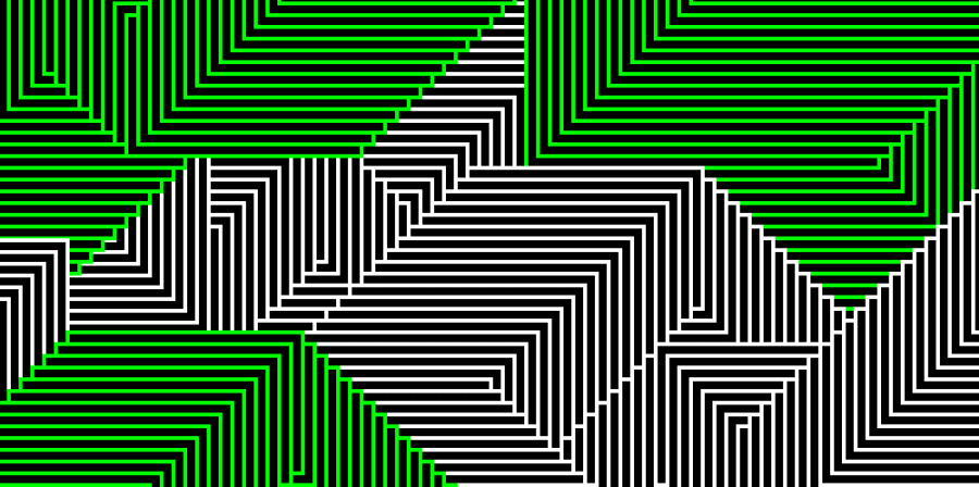 A series of white and green geometric lines on a black background - part of the Graduate Showcase 2020 identity.