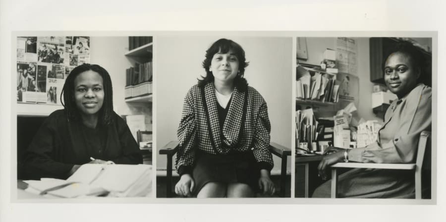 Black and white photograph, triptych of portraits