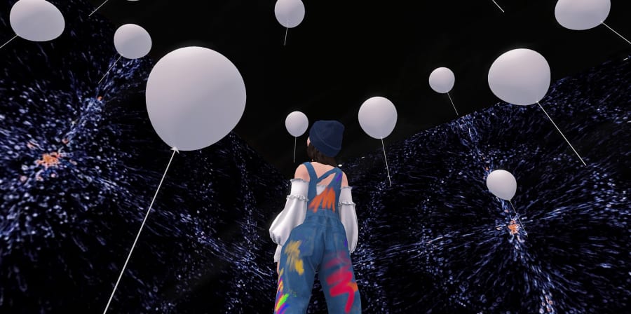 A computer generated image by MA Global Collaborative Design Practice student Xue Zhou of a woman in dungarees with her back to the viewer looking up at white balloons which are in the air. 