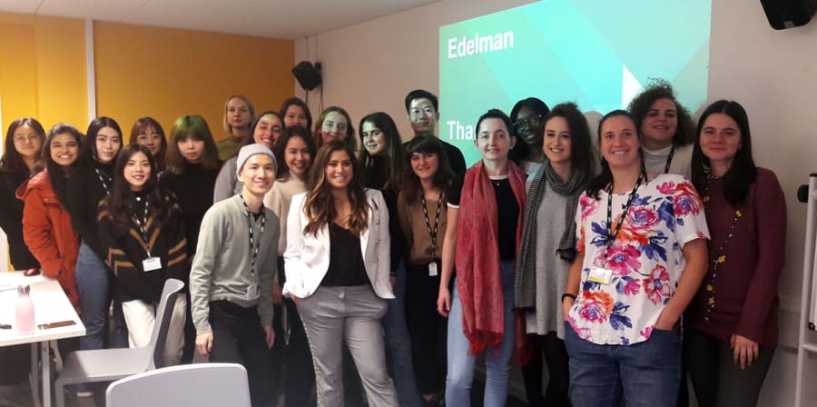 A class of students on the MA Public Relations course are photographed at Edelman London.
