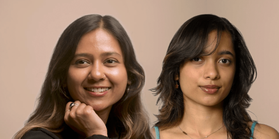 Composite portrait showing two people side by side against a plain background, one seated and one standing, photographed in a studio setting.