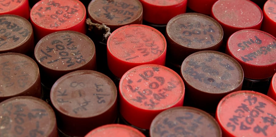 Red and brown jar lids with hand written text in black on them. 