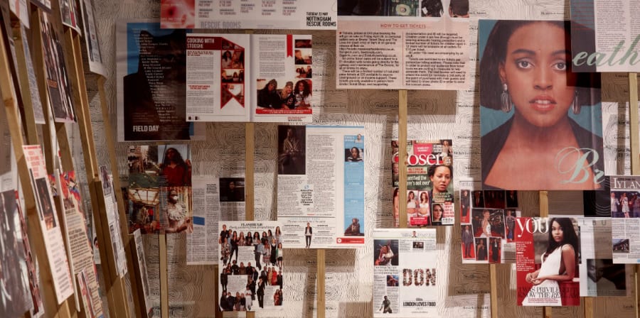 Gallery with placards made out of magazines