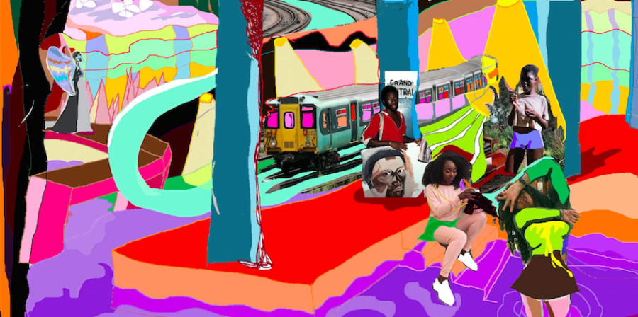 Artwork by Liana Ambrose-Murray of a collage of children playing and a subway train