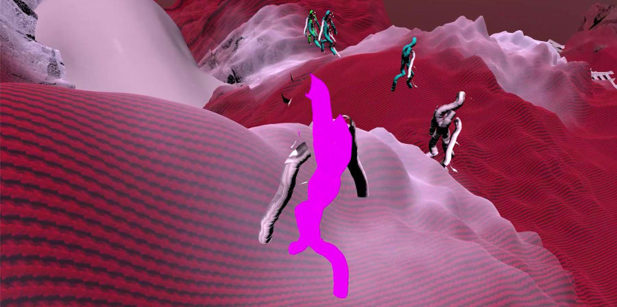 Computer generated pink and purple landscape with abstract figures walking through it.