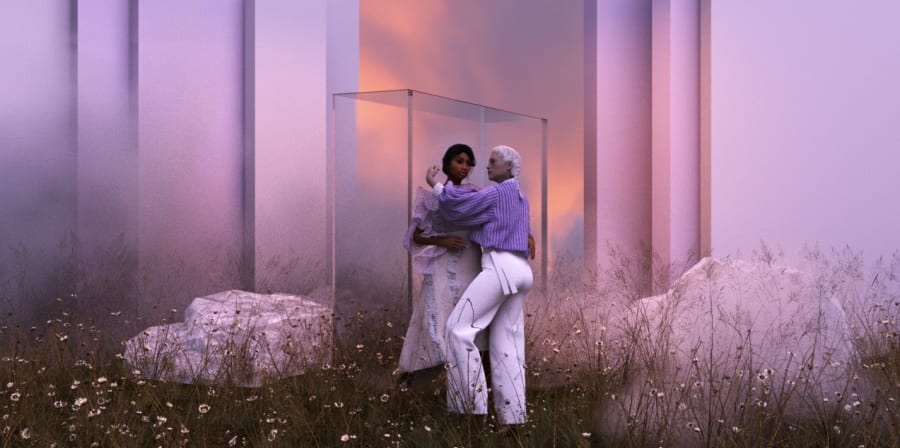 Digitally created scene showing two women in a glass box surrounded by flowers