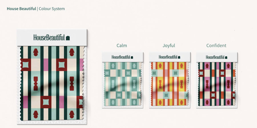 Fabric swatches showing a geometric pattern indifferent colour systems.