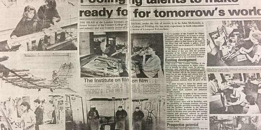 A black and white news paper clipping which shows students working in different studios