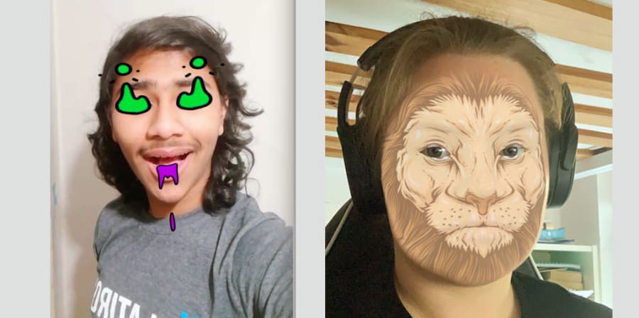 Images sharing Dhruv and Emilia's pop-art and lion-themed face masks developed using Spark AR.