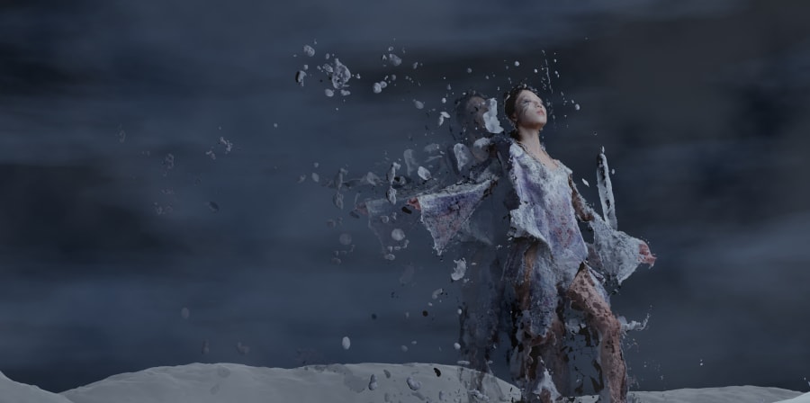 Model in space with clothing and body starting to disperse and break down.