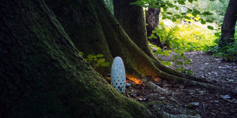 Design object placed on the ground next to a tree.