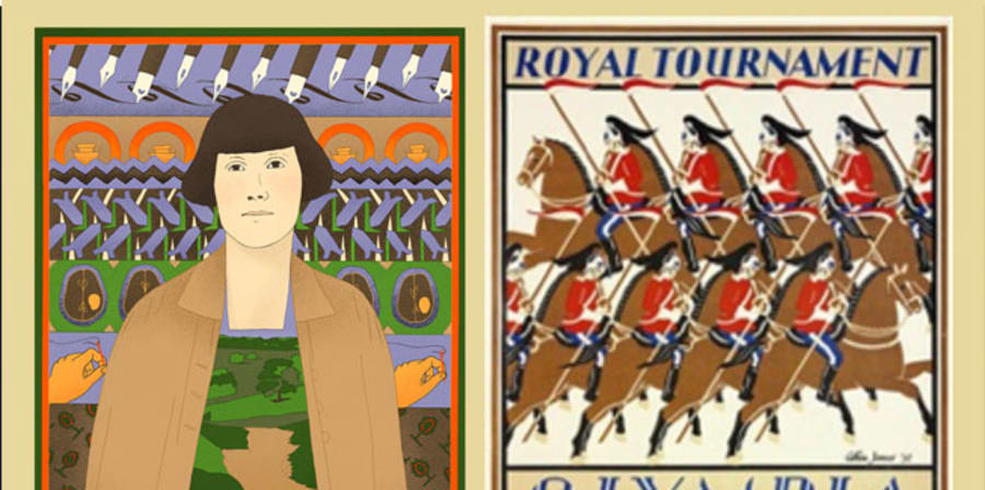 Two illustrations side by side, one of a woman surrounded by illustrations of embroidery and the other shows a group of people wearing traditional clothes, riding horses.