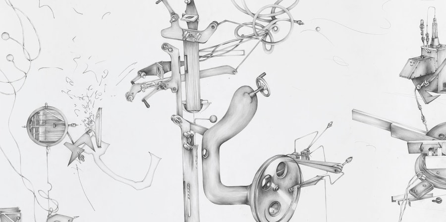 A detail of a pencil drawing of abstract machine parts