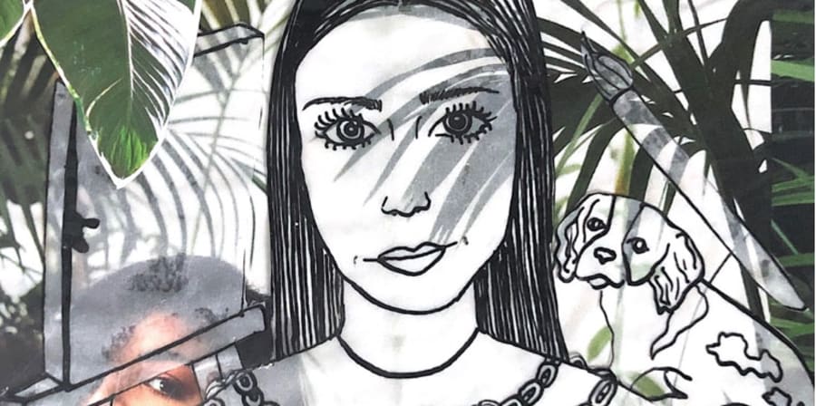 Image depicting Sophia's sketch self-portrait surrounded by plants.