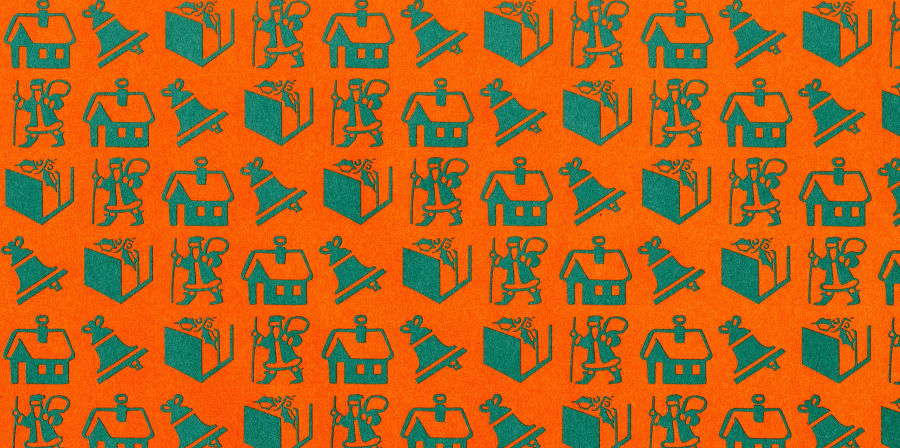 Repetitive graphic of Christmas images, blue on orange