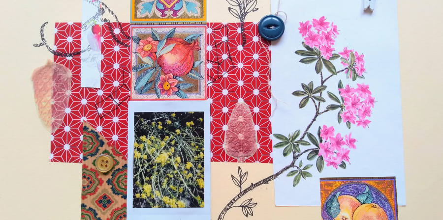 collage with flowers and paper illustrations