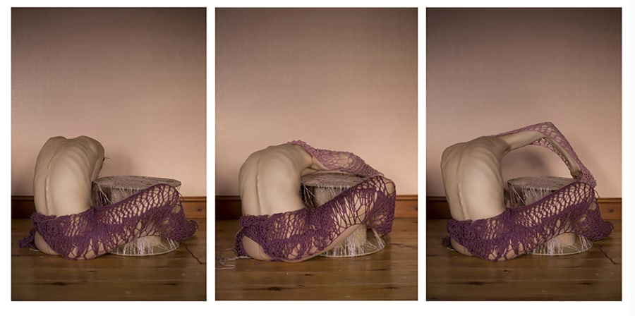 Photographs of a crouching body draped in material.