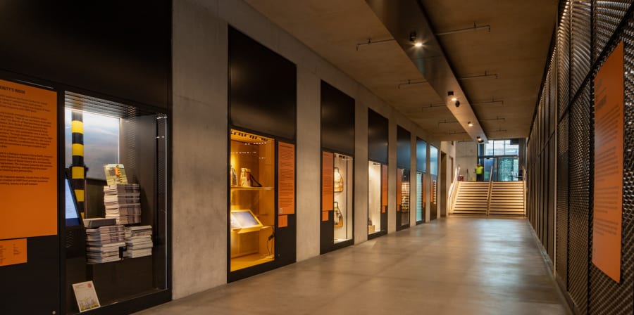 Photo of the corridor of vitrines at London College of Fashion, East Bank.