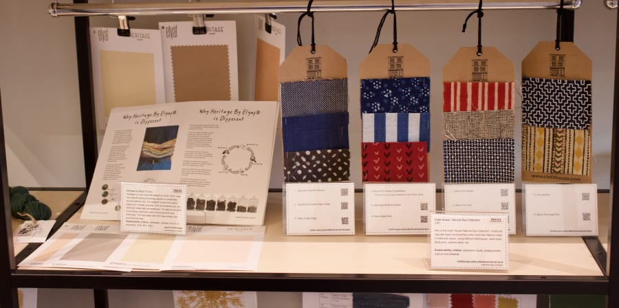 Photograph showing a section of a display featuring fabric samples died various colours