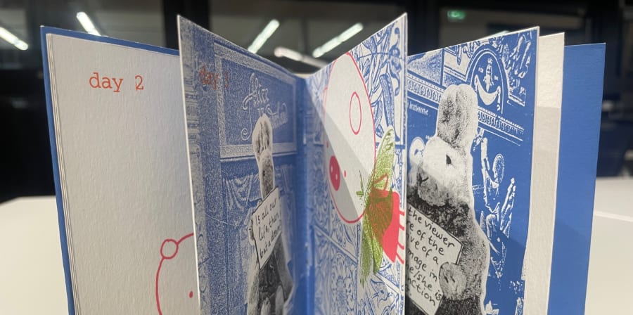 Colour photograph of a blue and white folded book. Includes a cut-out reproduction of a black and white photo reproduction of a cuddly toy rabbit holding a sign. 