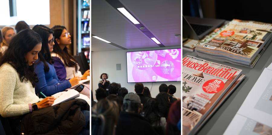 This is a trio of photos from the Hearst project showing a presentation and magazines