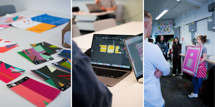 Shows a computer, leaflets and a woman holding pink print in a workshop