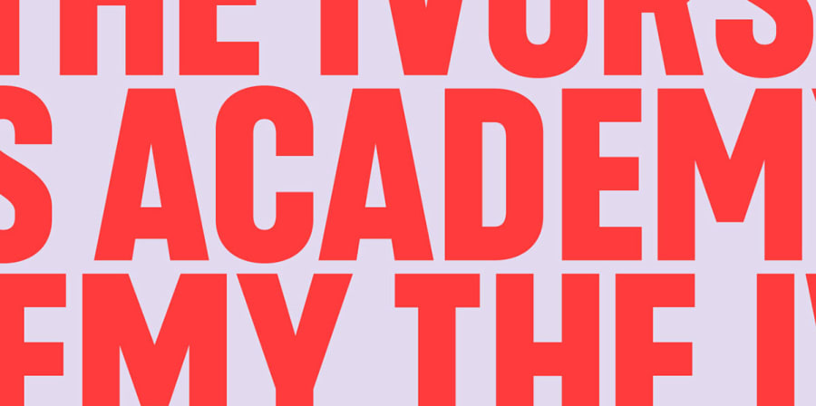 Red graphic type reads 'The Ivors Academy' on a grey background.