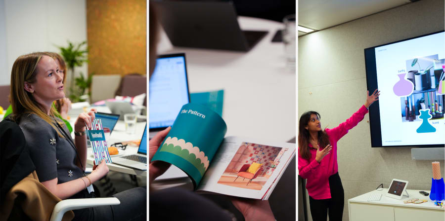 Woman showing a leaflet and a student presenting