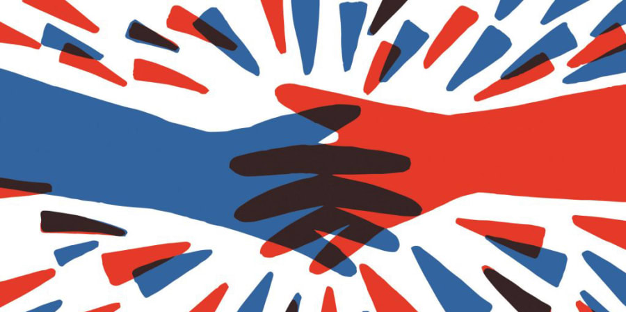 A red and blue graphic which illustrates connected hands, representing the theme of consent.