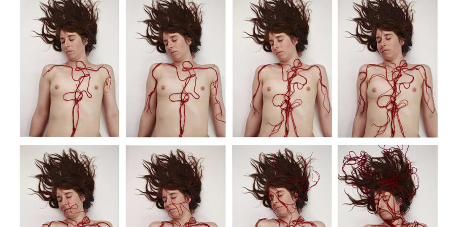 Photographs of figures covered in veins.