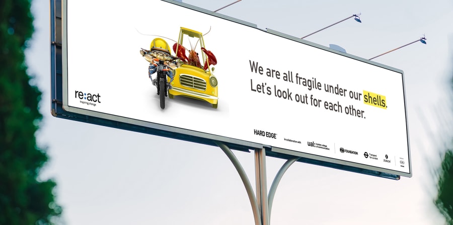 Mock-up of Agota's posters on a motorway sign.