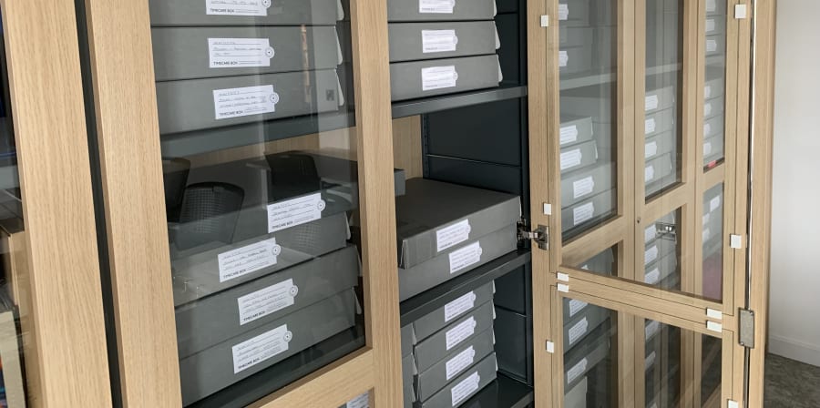 Colour photograph of archival boxes with labels in a glass fronted cabinet 