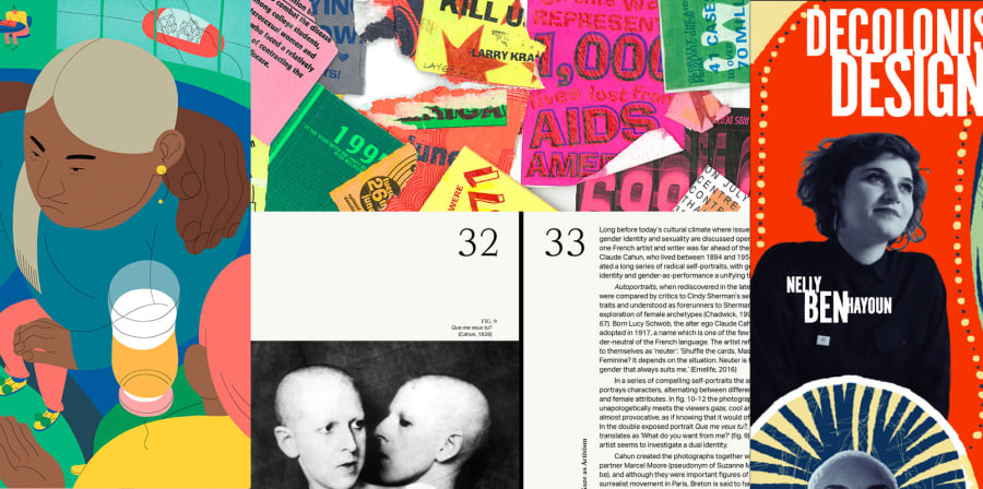Collage of bold coloured illustrations, profiles and snippets of text